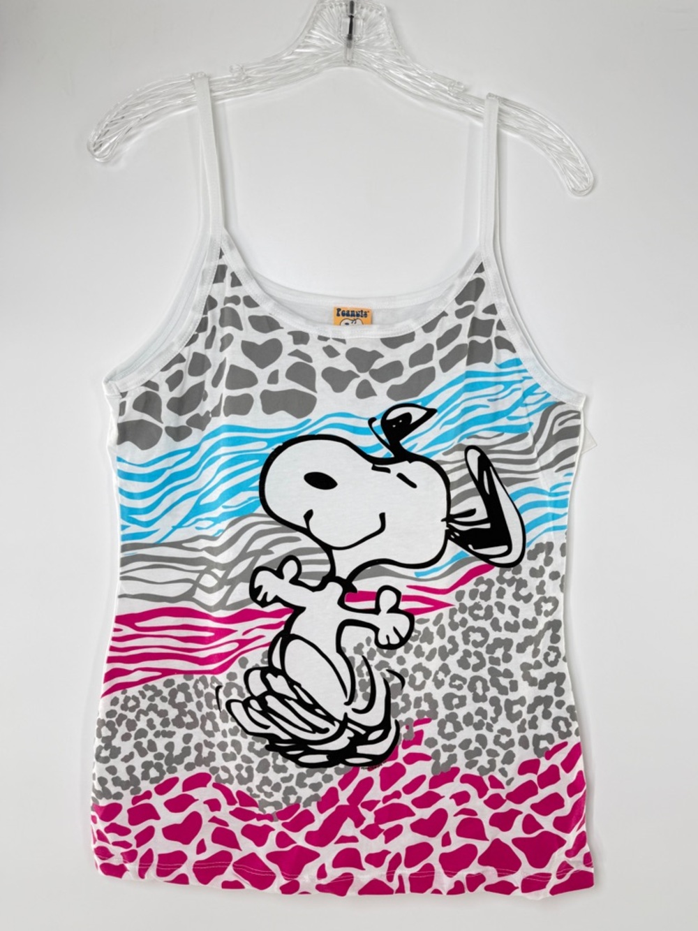 Peanuts Dancing Snoopy Tank Top w/ Blue & Pink Animal Print Graphics Size Jr XL - Picture 9 of 11